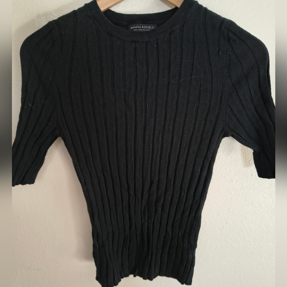 Banana Republic Elbow Sleeve Black Merino Wool Ribbed Crewneck Sweater Small